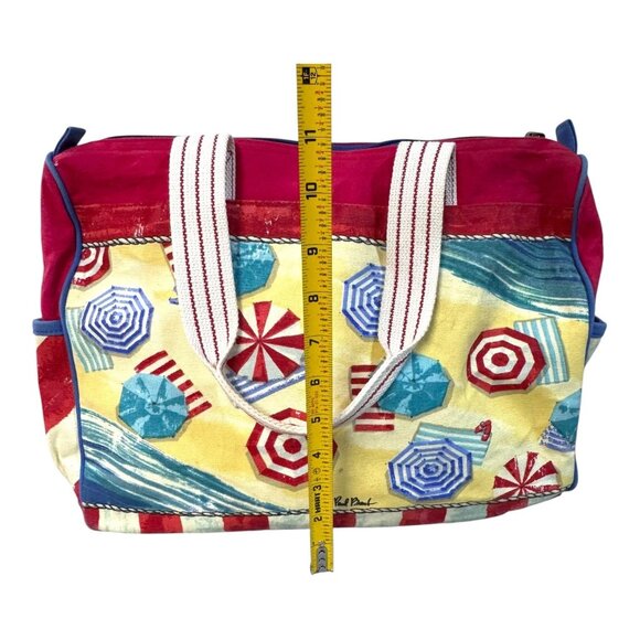 Colorful Beach Themed Canvas Tote Bag Red & White Striped Handles Paul Brent - Picture 5 of 8